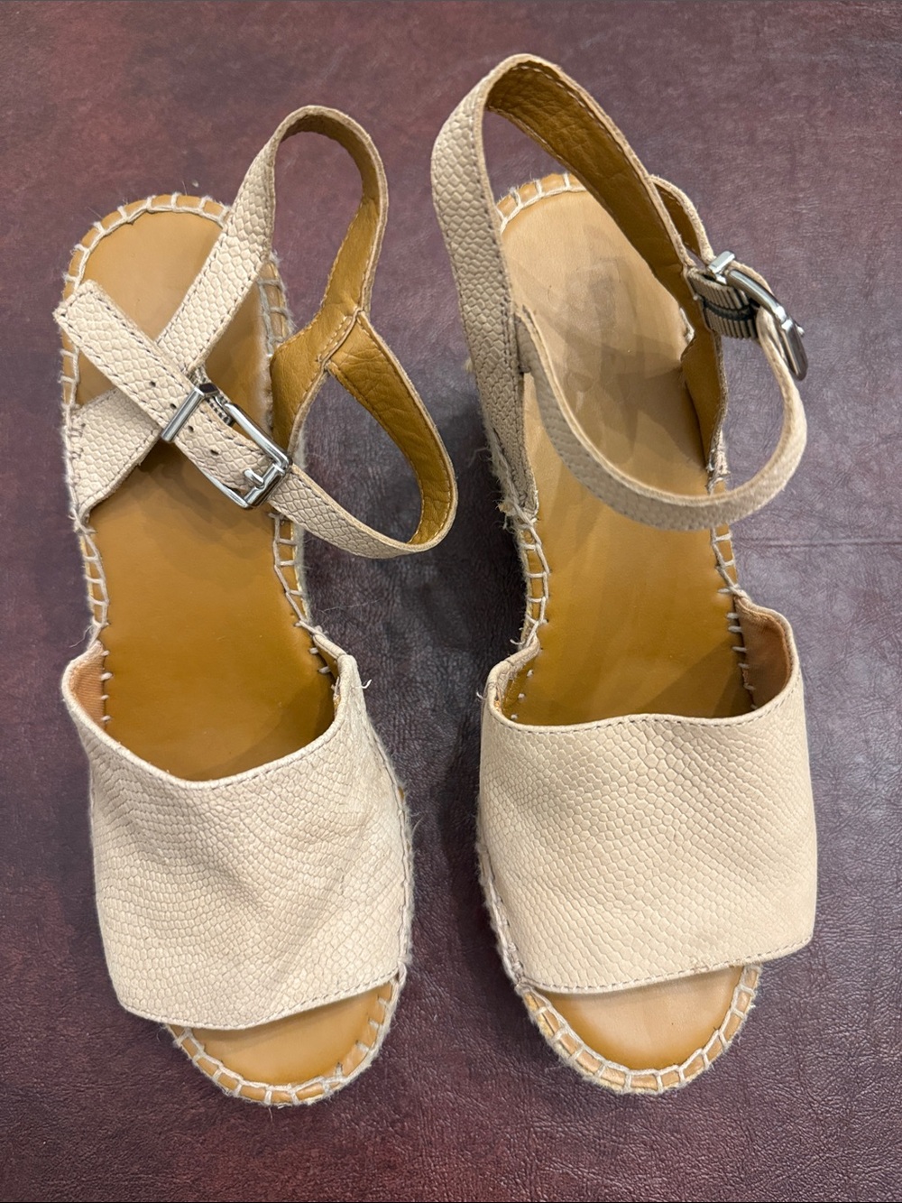 Franco Sarto Beige Espadrille Wedge Sandals with Ankle Strap